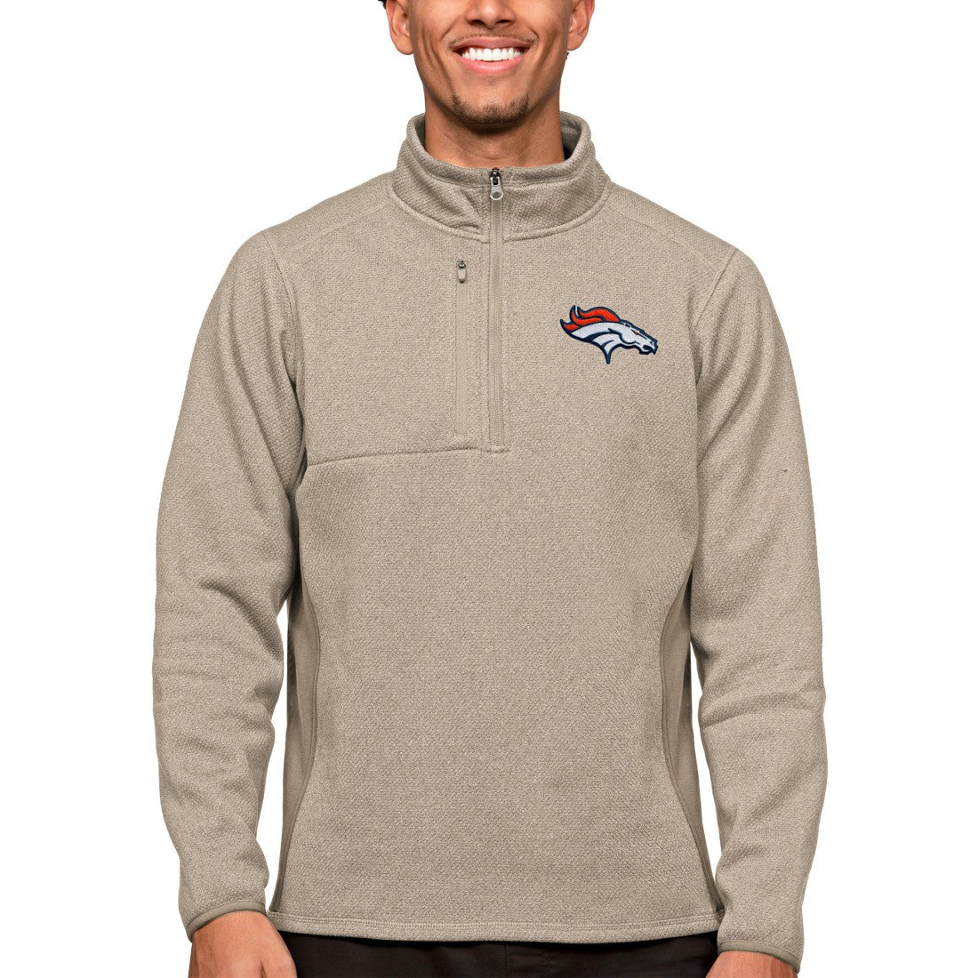 Denver Broncos Antigua Course Quarter-Zip Pullover Top - Oatmeal - NFL