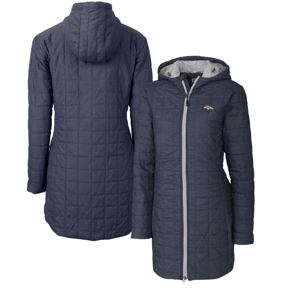 Denver Broncos Cutter & Buck Women's Rainier Primaloft Eco Hooded Long Lightweight Coat - Heather Navy - NFL
