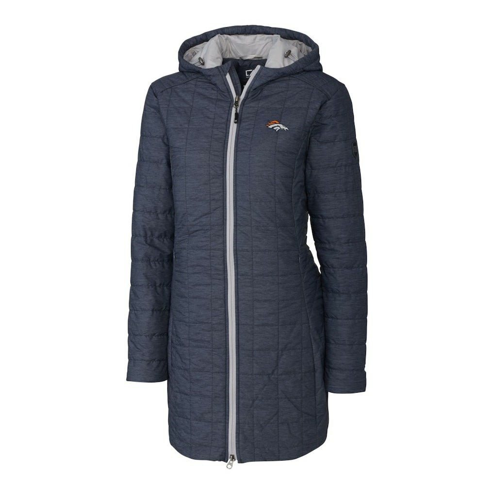 Denver Broncos Cutter & Buck Women's Rainier Primaloft Eco Hooded Long Lightweight Coat - Heather Navy - NFL