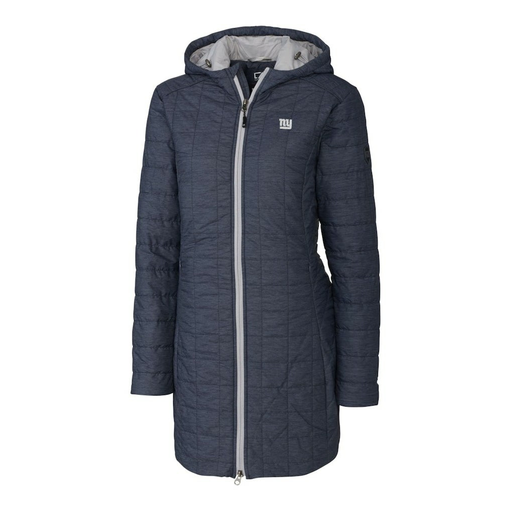 New York Giants Cutter & Buck Women's Rainier Primaloft Eco Hooded Long Lightweight Coat - Heather Navy - NFL