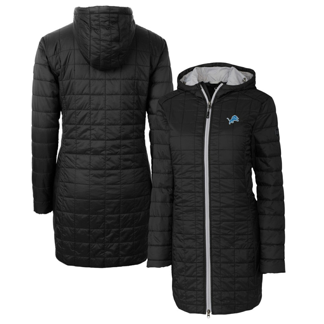 Detroit Lions Cutter & Buck Women's Rainier Primaloft Eco Hooded Long Lightweight Coat - Black - NFL