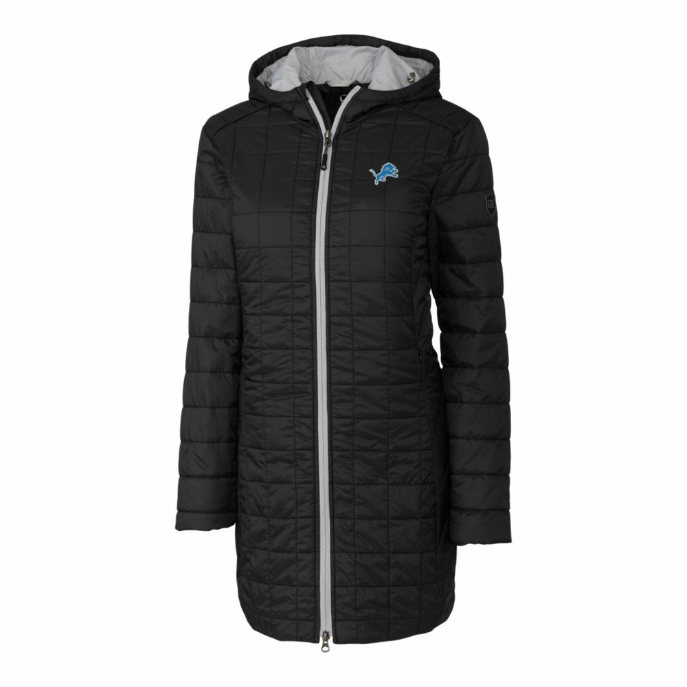 Detroit Lions Cutter & Buck Women's Rainier Primaloft Eco Hooded Long Lightweight Coat - Black - NFL