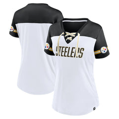 Pittsburgh Steelers Women's Dueling Slant V-Neck Lace-Up T-Shirt - White - Fanatics