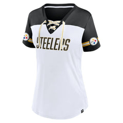 Pittsburgh Steelers Women's Dueling Slant V-Neck Lace-Up T-Shirt - White - Fanatics