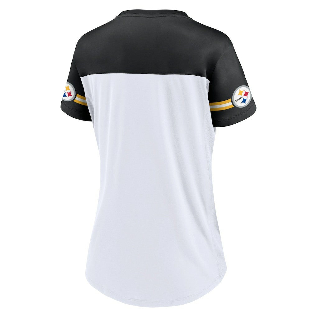 Pittsburgh Steelers Women's Dueling Slant V-Neck Lace-Up T-Shirt - White - Fanatics