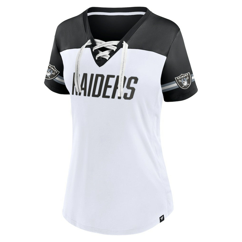 Las Vegas Raiders Women's Dueling Slant V-Neck Lace-Up T-Shirt - White - Fanatics