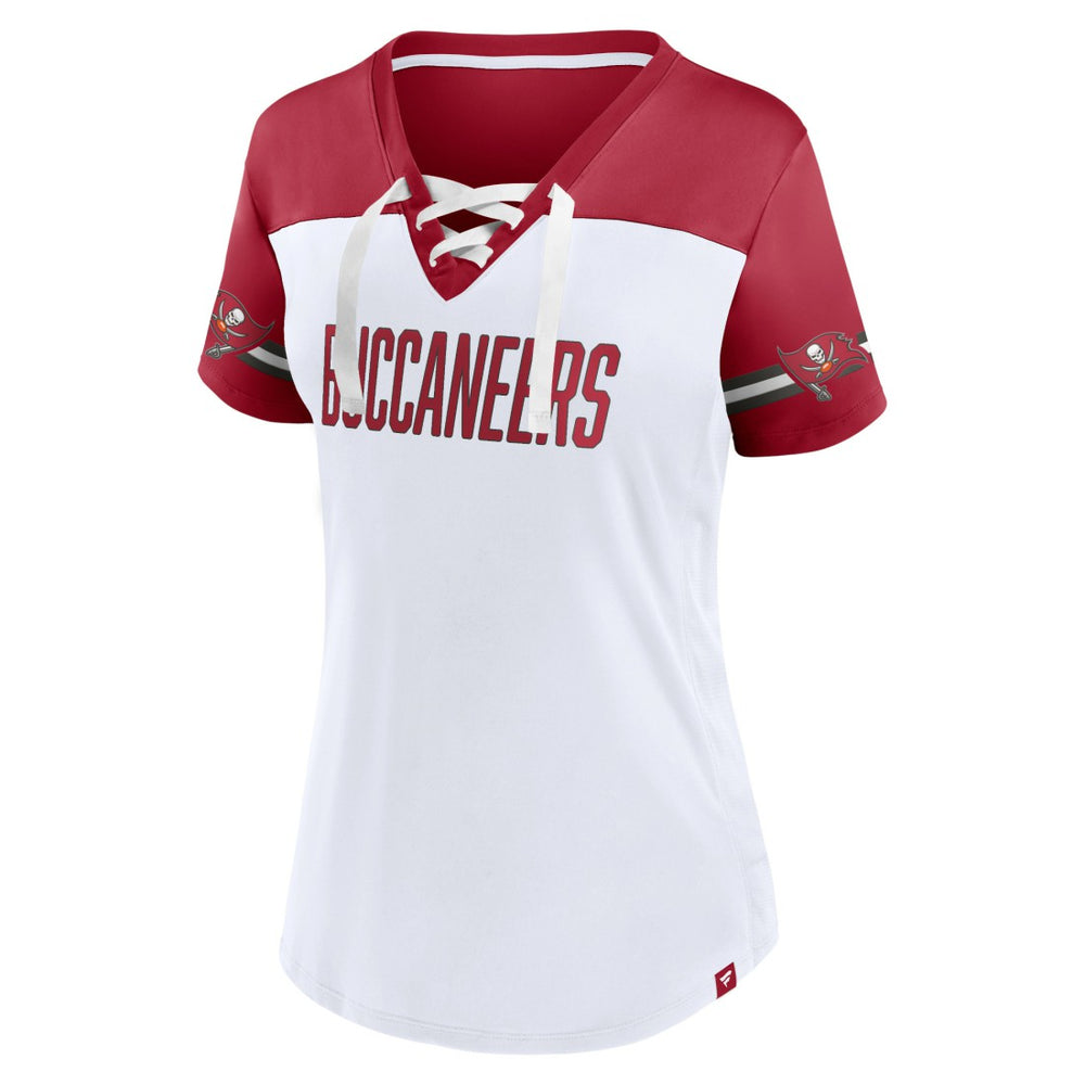 Tampa Bay Buccaneers Women's Dueling Slant V-Neck Lace-Up T-Shirt - White - Fanatics