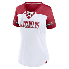 Tampa Bay Buccaneers Women's Dueling Slant V-Neck Lace-Up T-Shirt - White - Fanatics