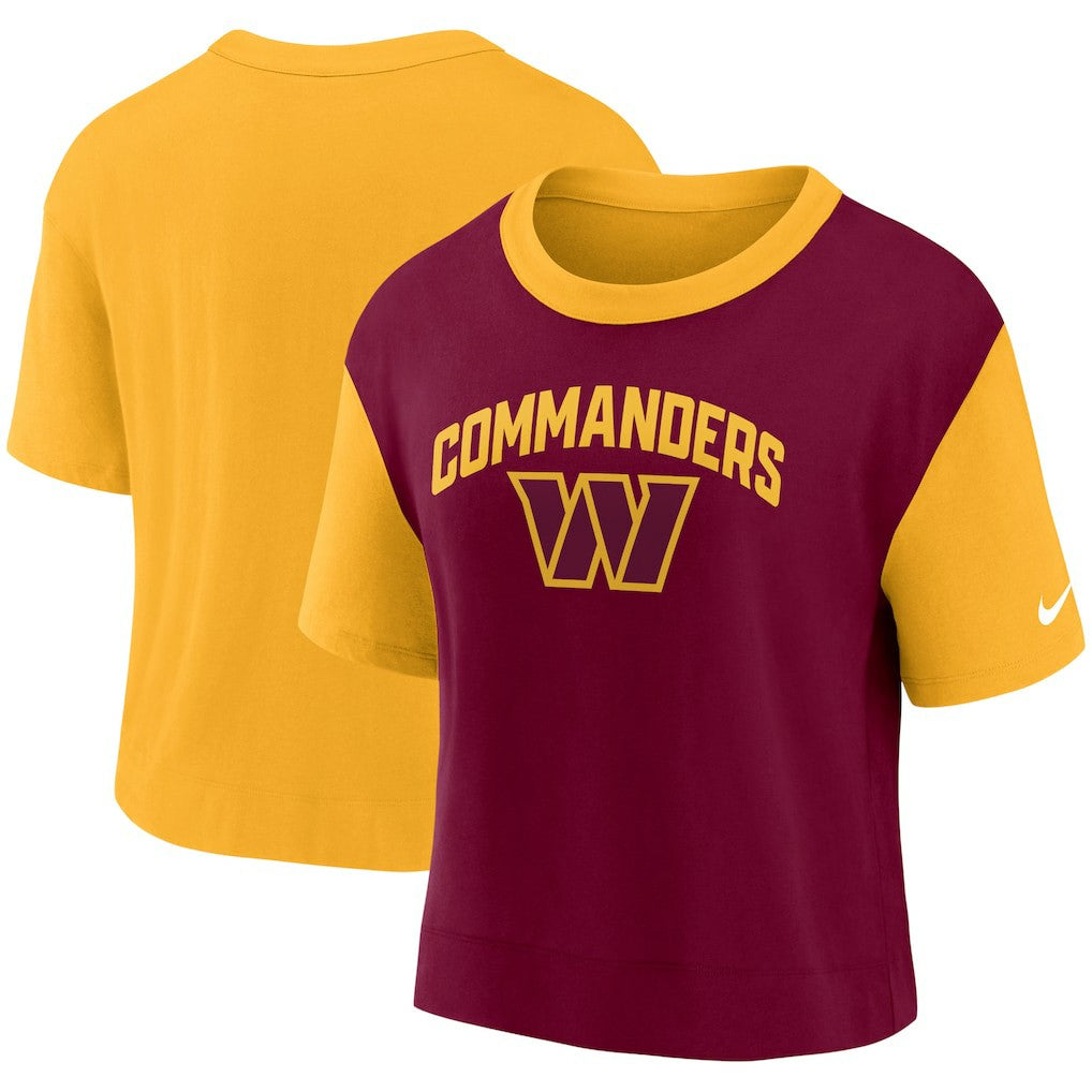 Washington Commanders Women's High Hip Fashion T-Shirt - Gold/Burgundy - Nike