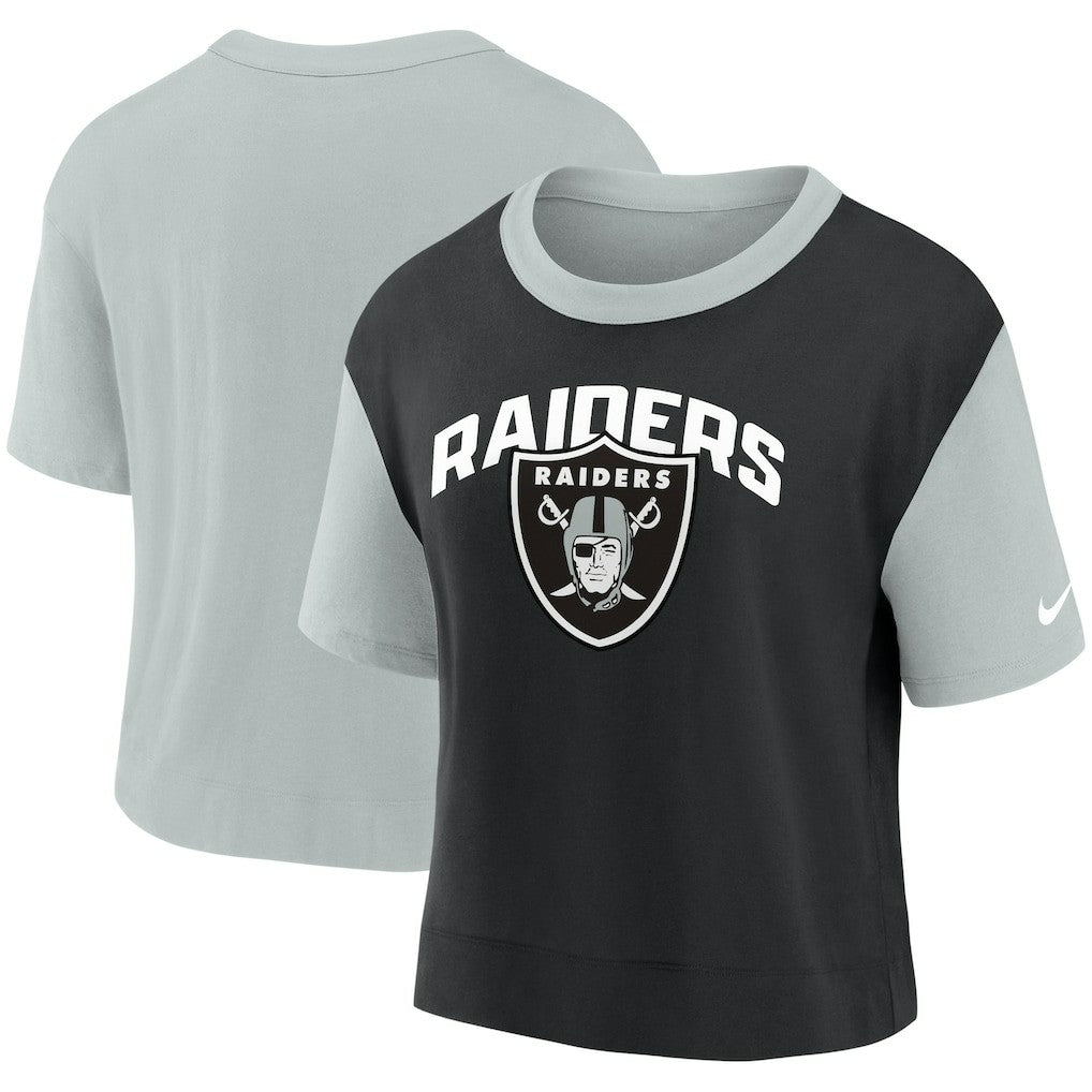 Las Vegas Raiders Women's High Hip Fashion T-Shirt - Silver/Black - Nike