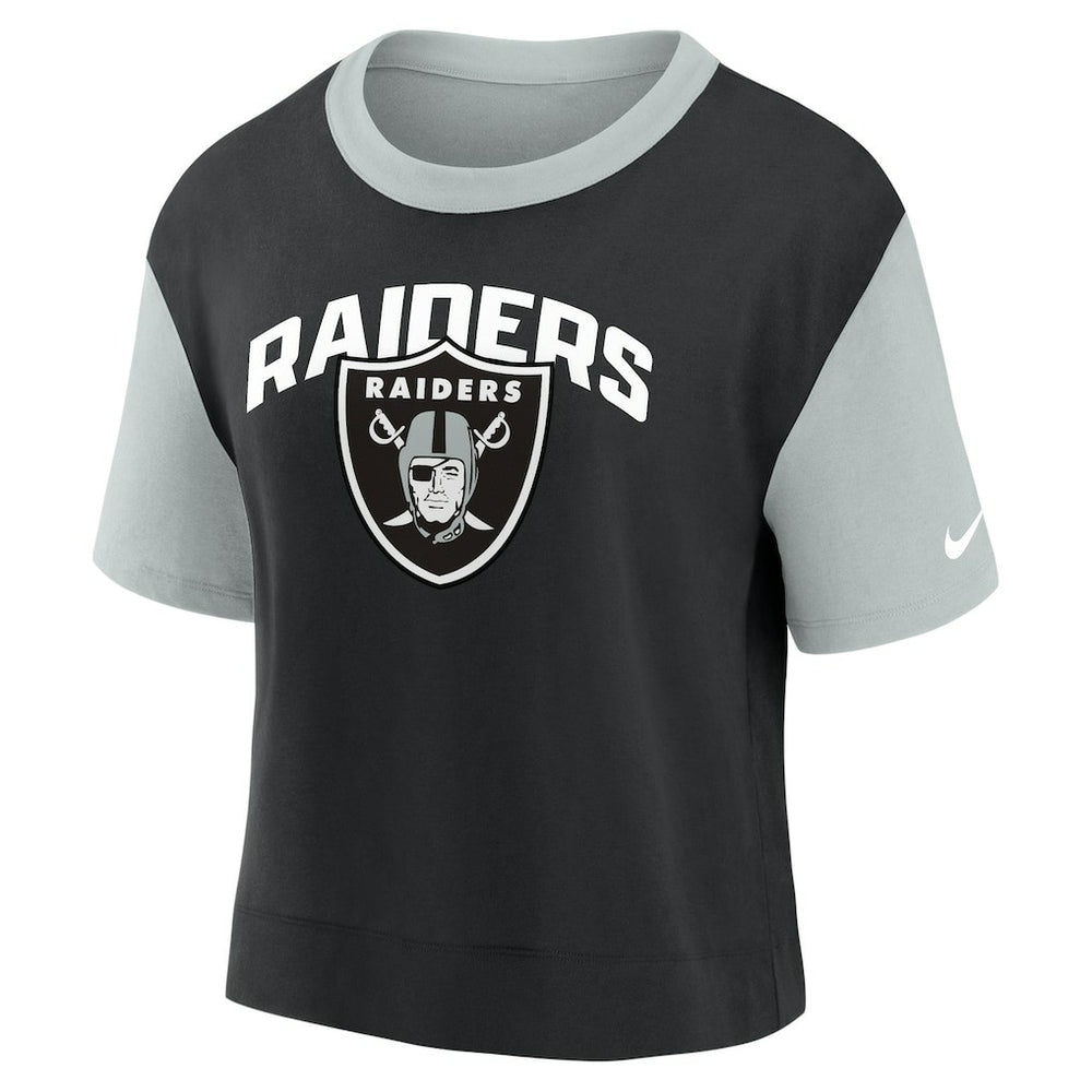 Las Vegas Raiders Women's High Hip Fashion T-Shirt - Silver/Black - Nike