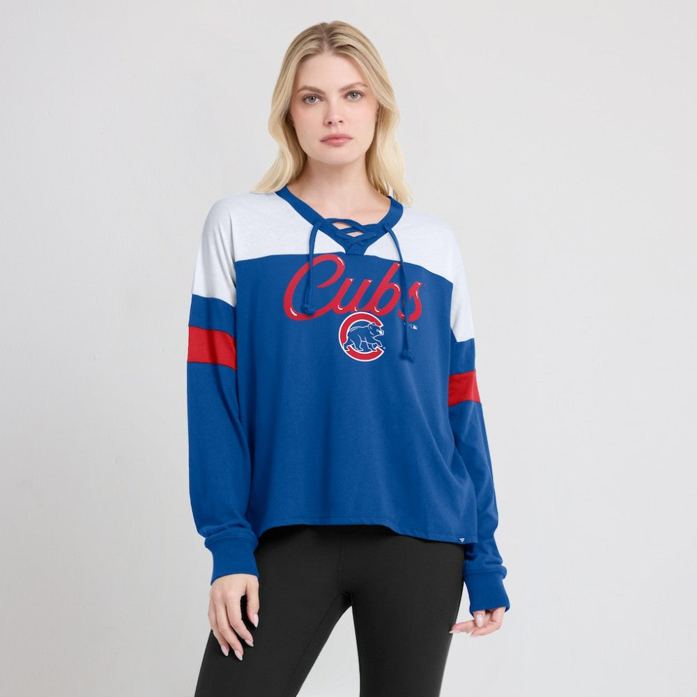 Chicago Cubs Fanatics Women's Even Match Lace-Up Long Sleeve V-Neck T-Shirt Sale