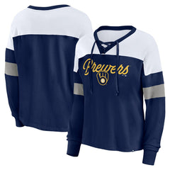 Milwaukee Brewers Fanatics Women's Even Match Lace-Up Long Sleeve V-Neck T-Shirt Outlet