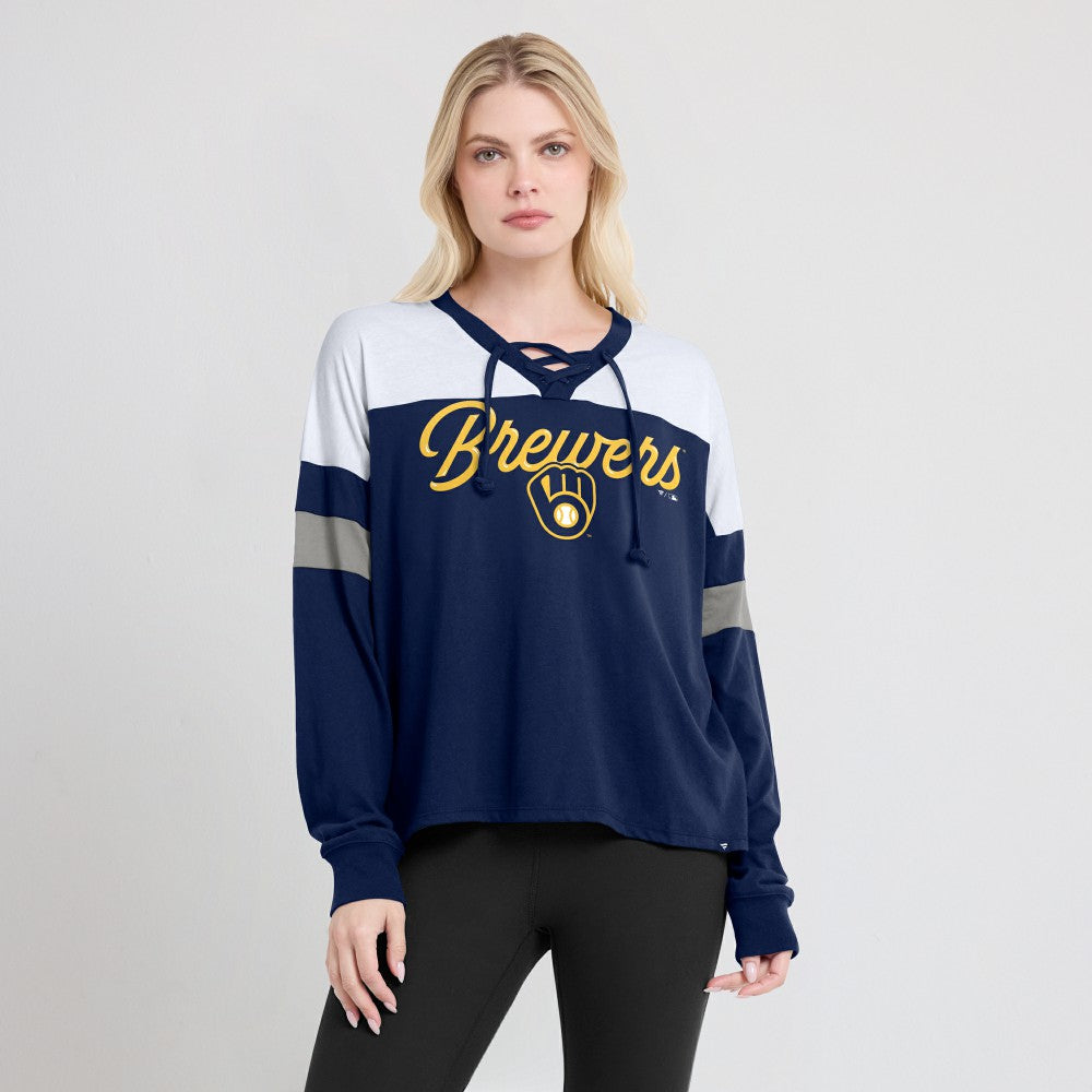 Milwaukee Brewers Fanatics Women's Even Match Lace-Up Long Sleeve V-Neck T-Shirt Outlet