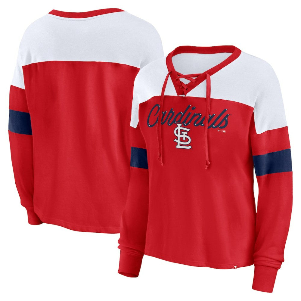 St. Louis Cardinals Fanatics Women's Even Match Lace-Up Long Sleeve V-Neck T-Shirt Outlet