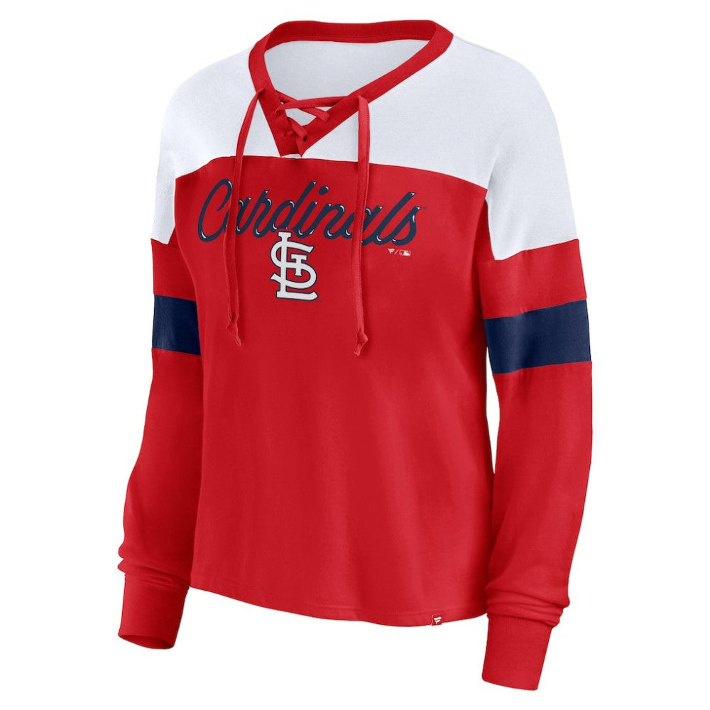 St. Louis Cardinals Fanatics Women's Even Match Lace-Up Long Sleeve V-Neck T-Shirt Outlet