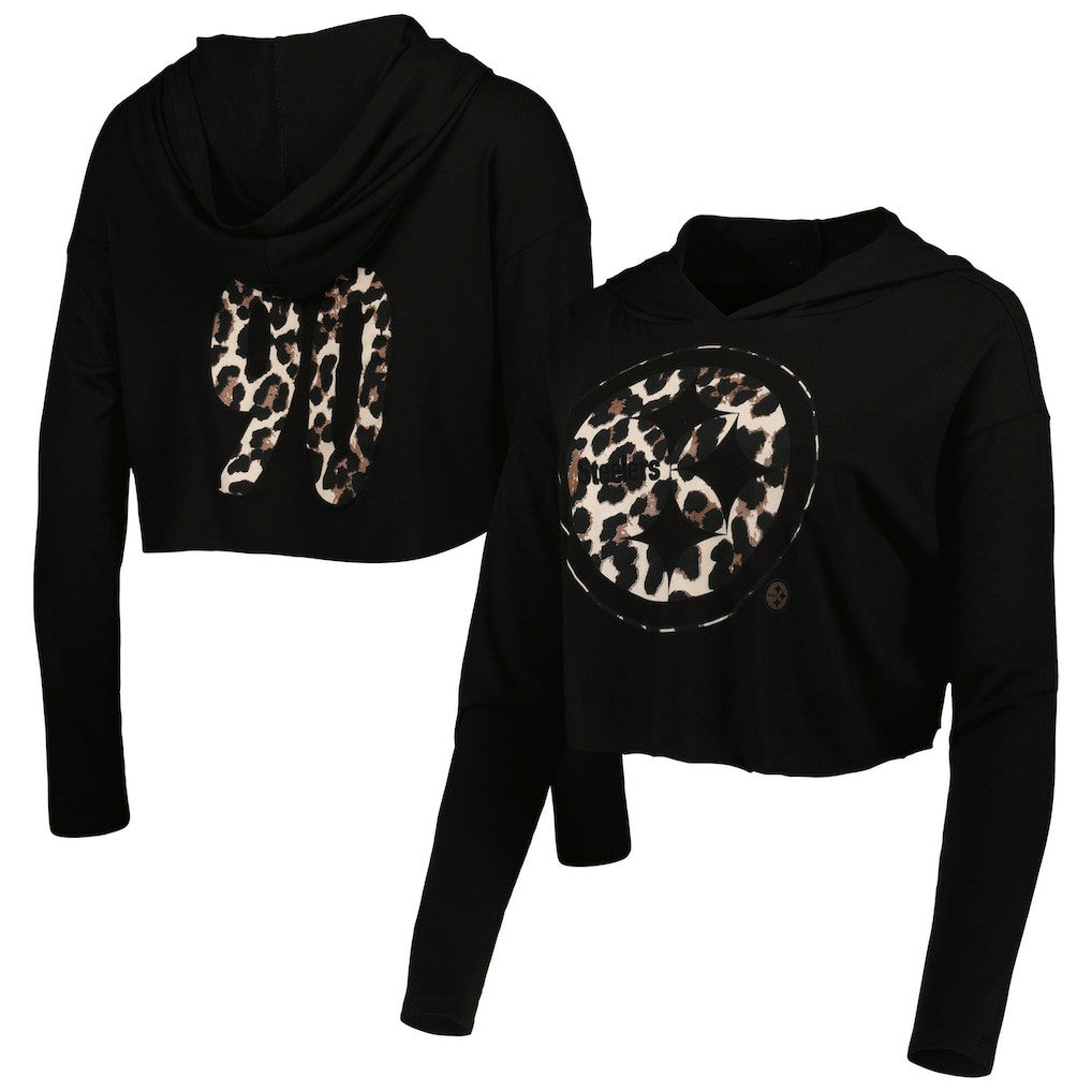 T.J. Watt Pittsburgh Steelers Majestic Threads Women's Leopard Player Name & Number Long Sleeve Cropped Hoodie - Black - NFL