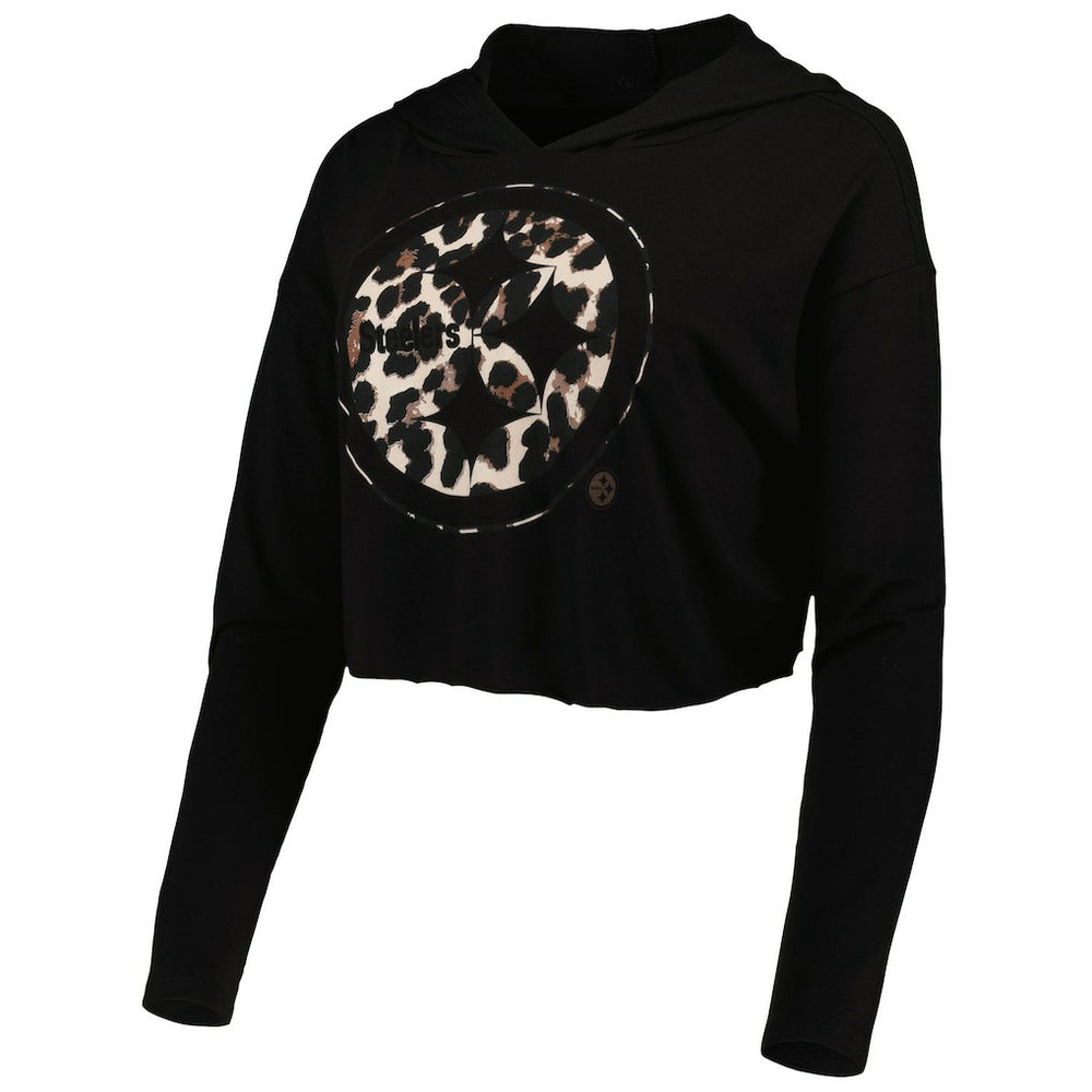 T.J. Watt Pittsburgh Steelers Majestic Threads Women's Leopard Player Name & Number Long Sleeve Cropped Hoodie - Black - NFL