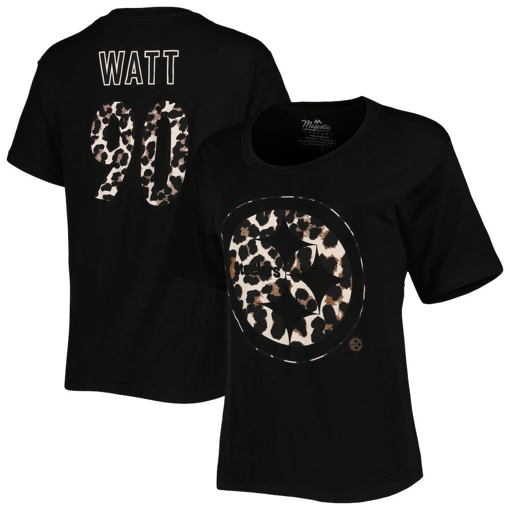 T.J. Watt Pittsburgh Steelers Majestic Threads Women's Leopard Player Name & Number T-Shirt - Black - NFL