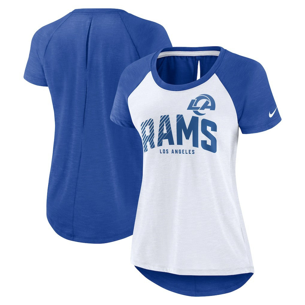 Los Angeles Rams Women's Back Slit Lightweight Fashion T-Shirt - White/Heather Scarlet - Nike