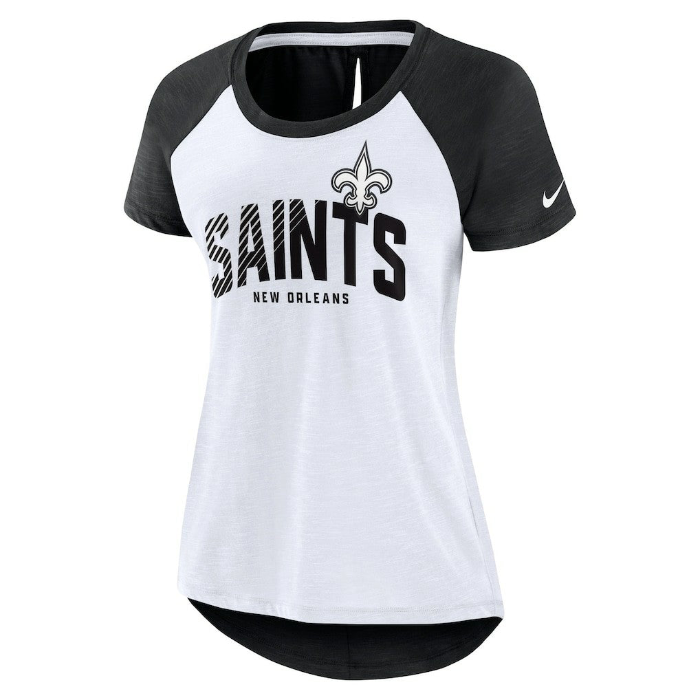 New Orleans Saints Women's Back Slit Lightweight Fashion T-Shirt - White/Heather Scarlet - Nike