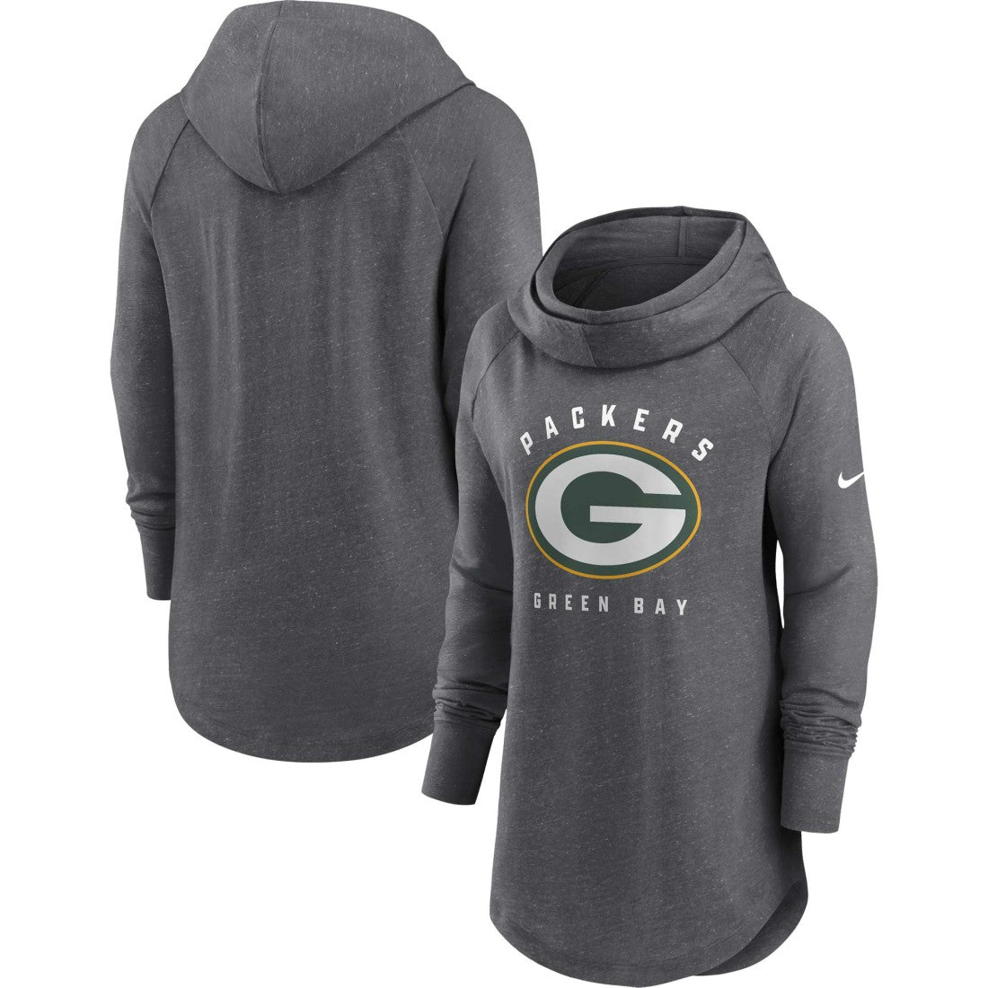 Green Bay Packers Women's Raglan Funnel Neck Pullover Hoodie - Heather Charcoal - Nike