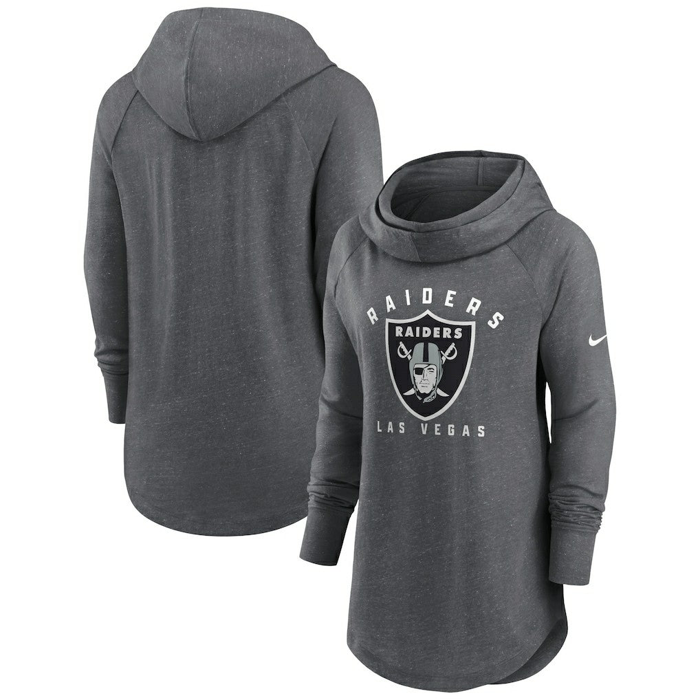 Las Vegas Raiders Women's Raglan Funnel Neck Pullover Hoodie - Heather Charcoal - Nike