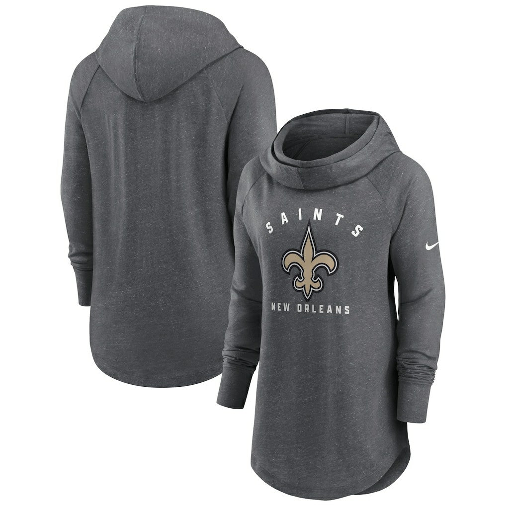 New Orleans Saints Women's Raglan Funnel Neck Pullover Hoodie - Heather Charcoal - Nike