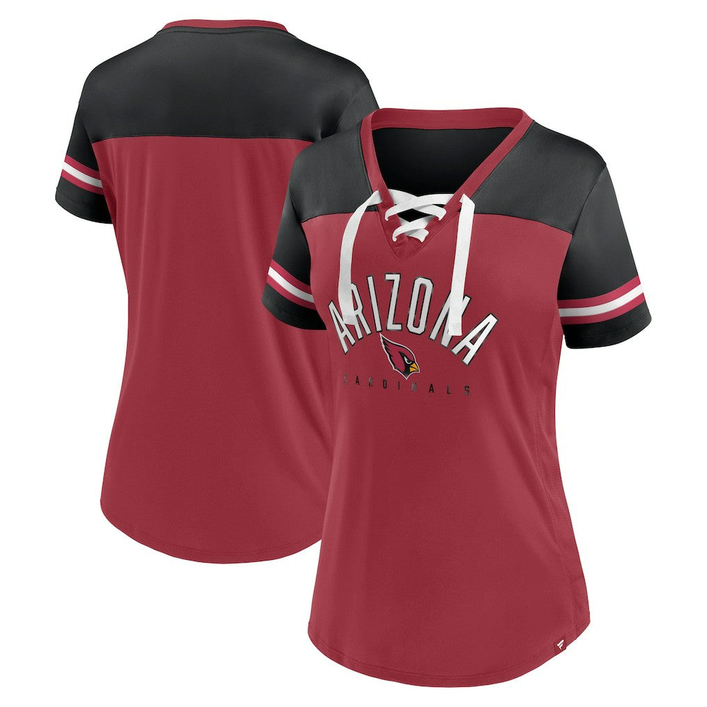 Arizona Cardinals Women's Blitz & Glam Lace-Up V-Neck Jersey T-Shirt - Cardinal/Black - Fanatics