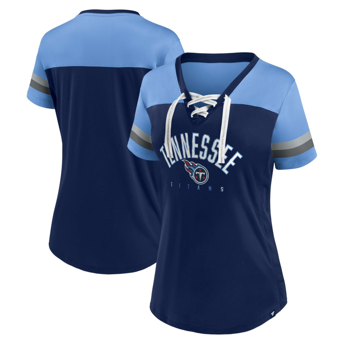 Tennessee Titans Women's Blitz & Glam Lace-Up V-Neck Jersey T-Shirt - Navy/Light Blue - Fanatics