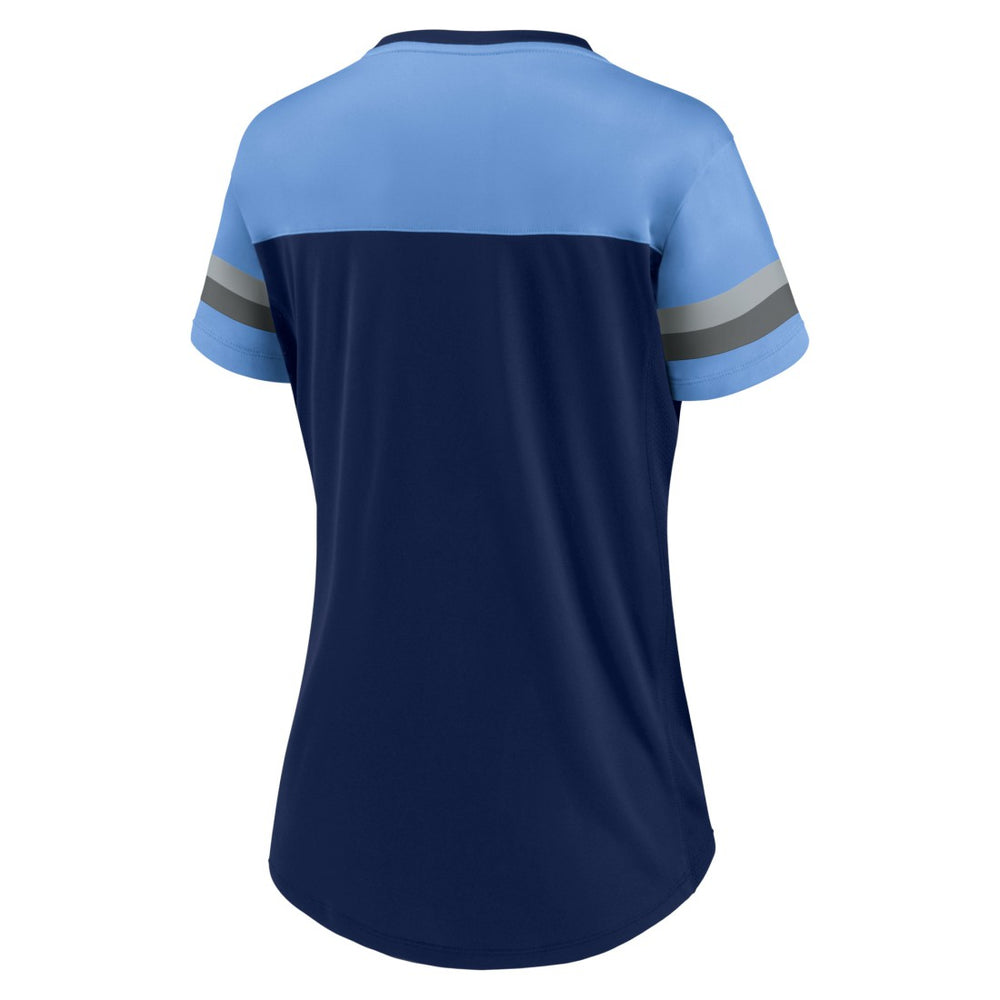Tennessee Titans Women's Blitz & Glam Lace-Up V-Neck Jersey T-Shirt - Navy/Light Blue - Fanatics