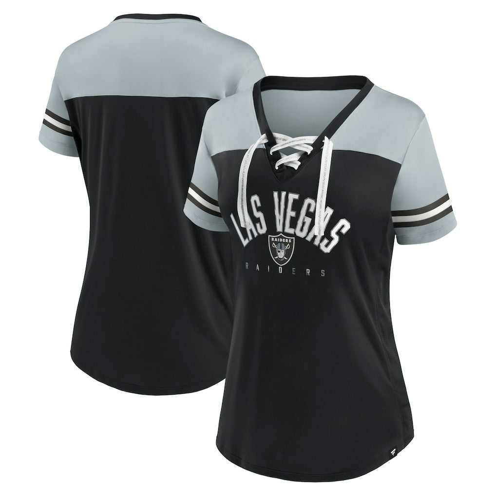 Las Vegas Raiders Women's Blitz & Glam Lace-Up V-Neck Jersey T-Shirt - Black/Silver - Fanatics