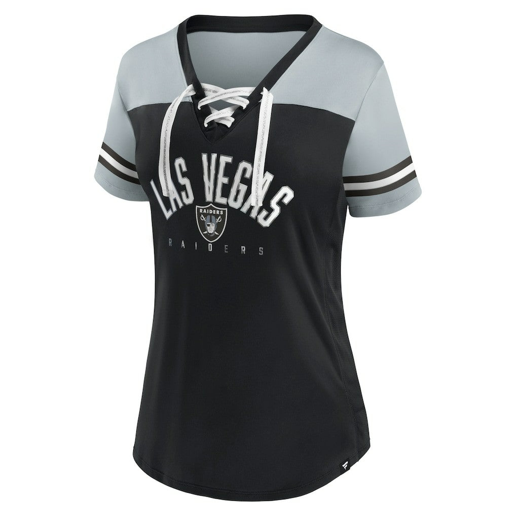 Las Vegas Raiders Women's Blitz & Glam Lace-Up V-Neck Jersey T-Shirt - Black/Silver - Fanatics