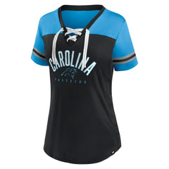Carolina Panthers Women's Blitz & Glam Lace-Up V-Neck Jersey T-Shirt - Black/Blue - Fanatics