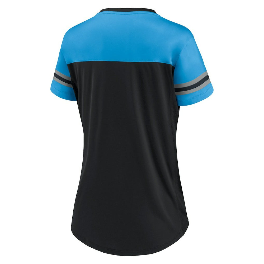 Carolina Panthers Women's Blitz & Glam Lace-Up V-Neck Jersey T-Shirt - Black/Blue - Fanatics