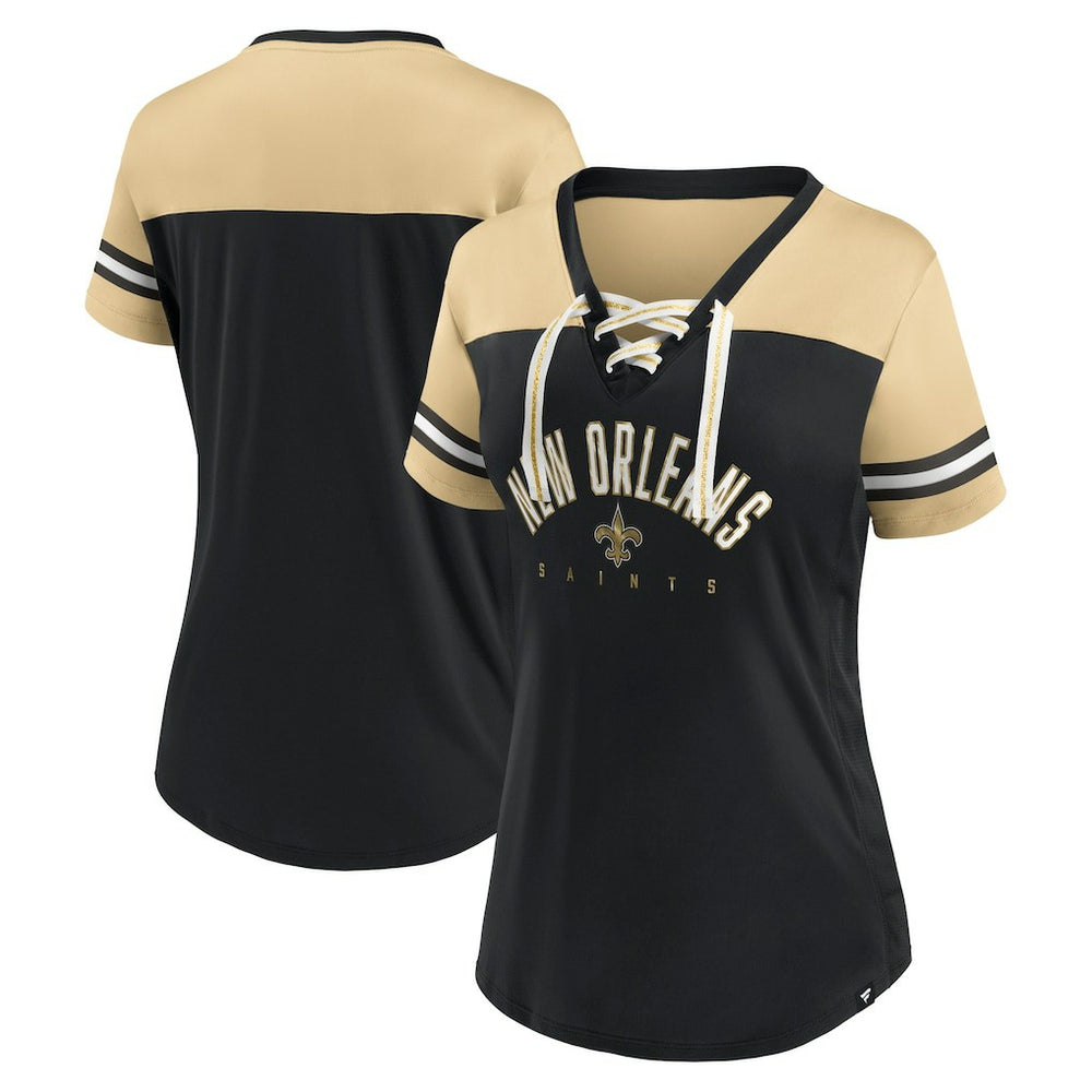 New Orleans Saints Women's Blitz & Glam Lace-Up V-Neck Jersey T-Shirt - Black/Vegas Gold - Fanatics