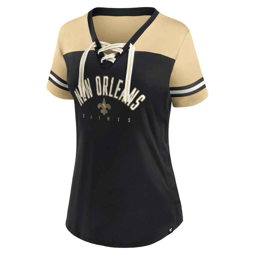 New Orleans Saints Women's Blitz & Glam Lace-Up V-Neck Jersey T-Shirt - Black/Vegas Gold - Fanatics