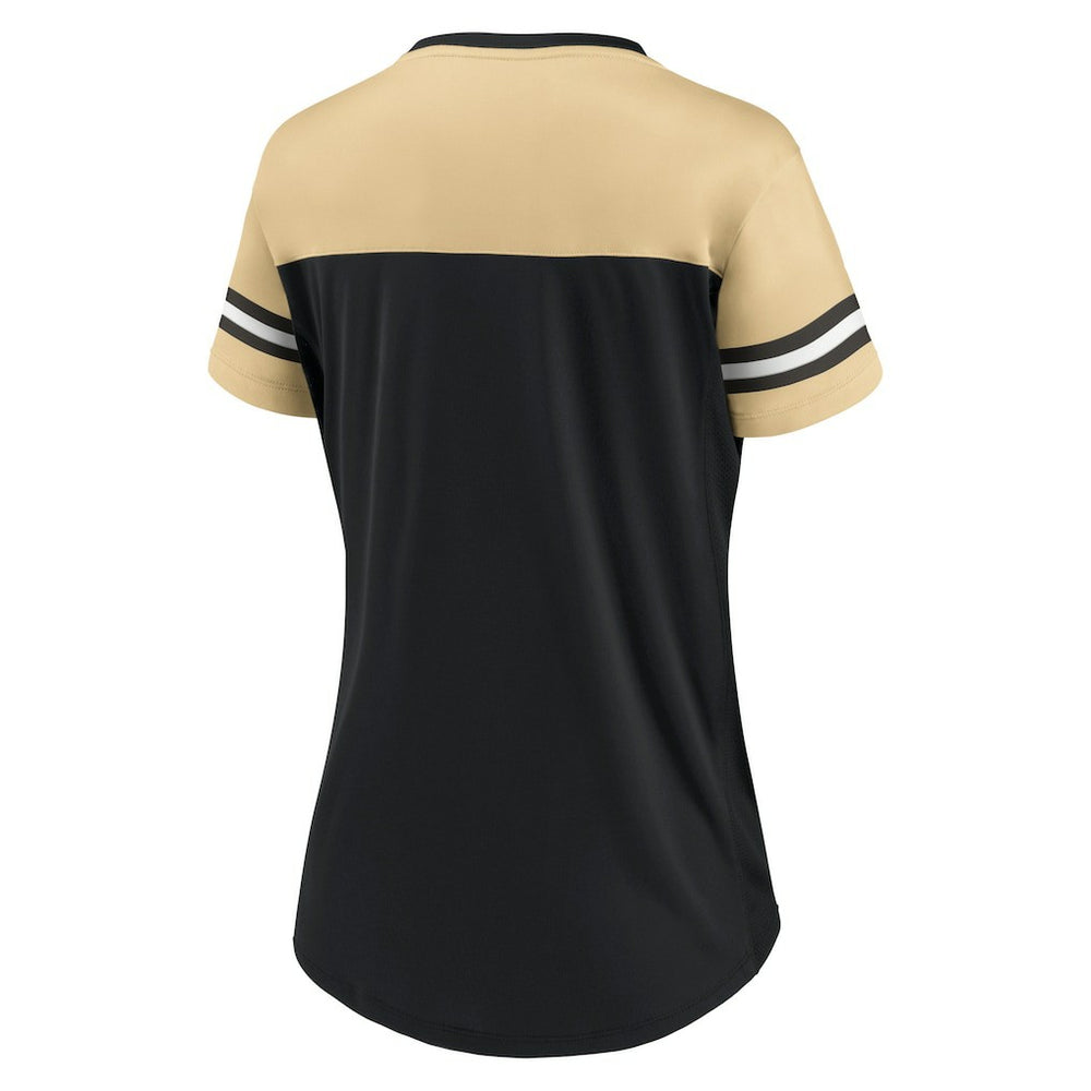 New Orleans Saints Women's Blitz & Glam Lace-Up V-Neck Jersey T-Shirt - Black/Vegas Gold - Fanatics