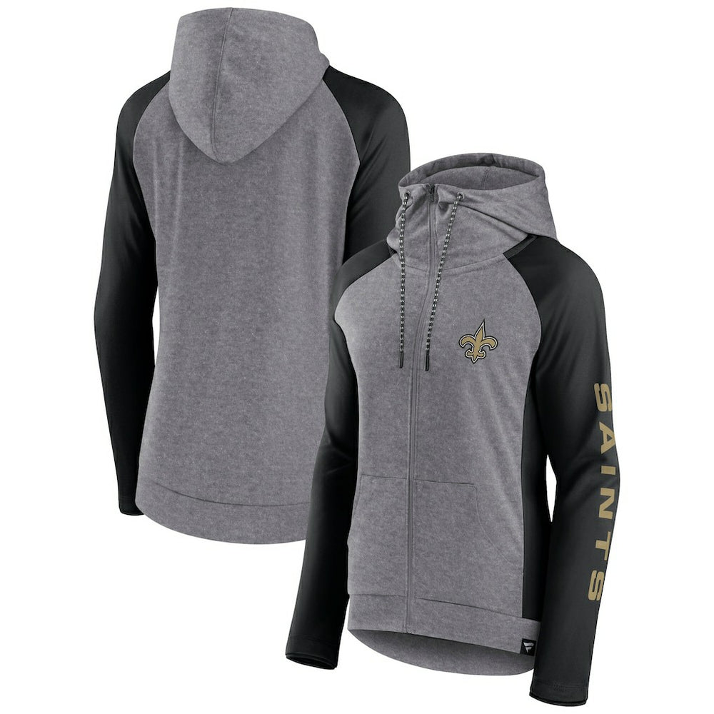 New Orleans Saints Women's Blind Side Lightweight Full-Zip Hoodie - Heather Gray/College Black - Fanatics