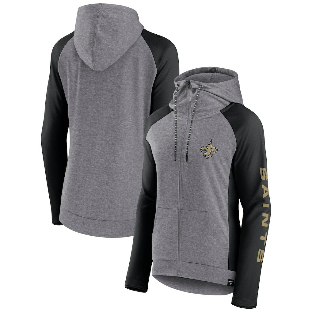 New Orleans Saints Women's Blind Side Lightweight Full-Zip Hoodie - Heather Gray/College Black - Fanatics