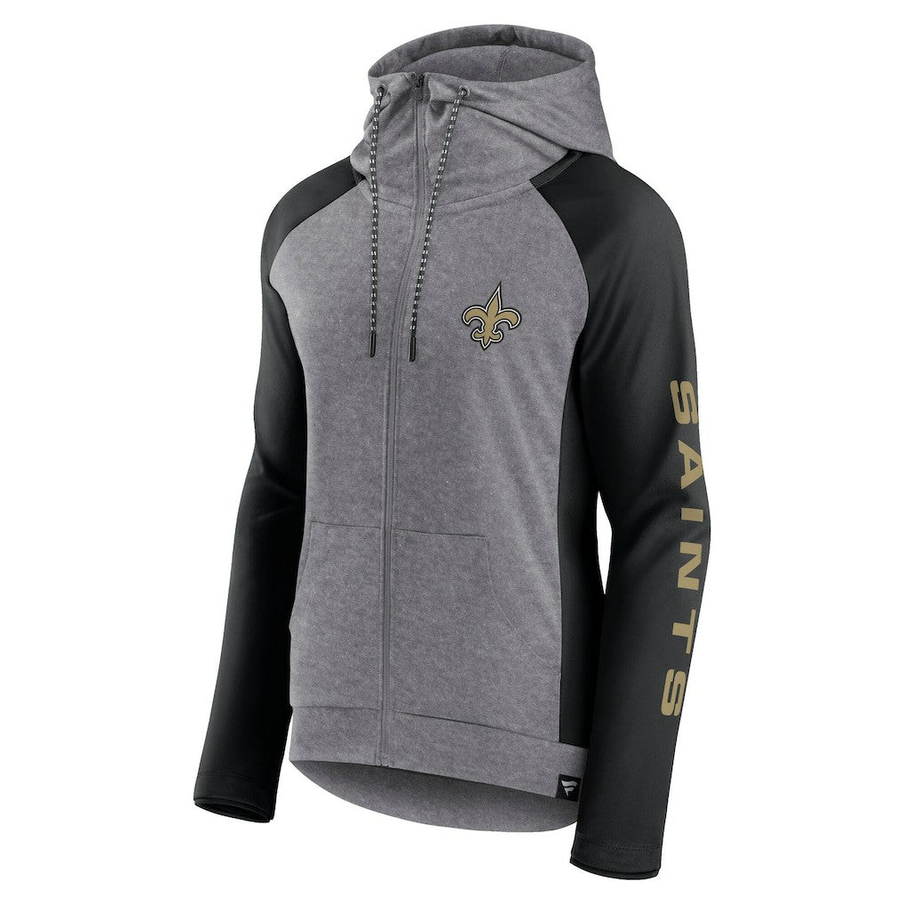 New Orleans Saints Women's Blind Side Lightweight Full-Zip Hoodie - Heather Gray/College Black - Fanatics