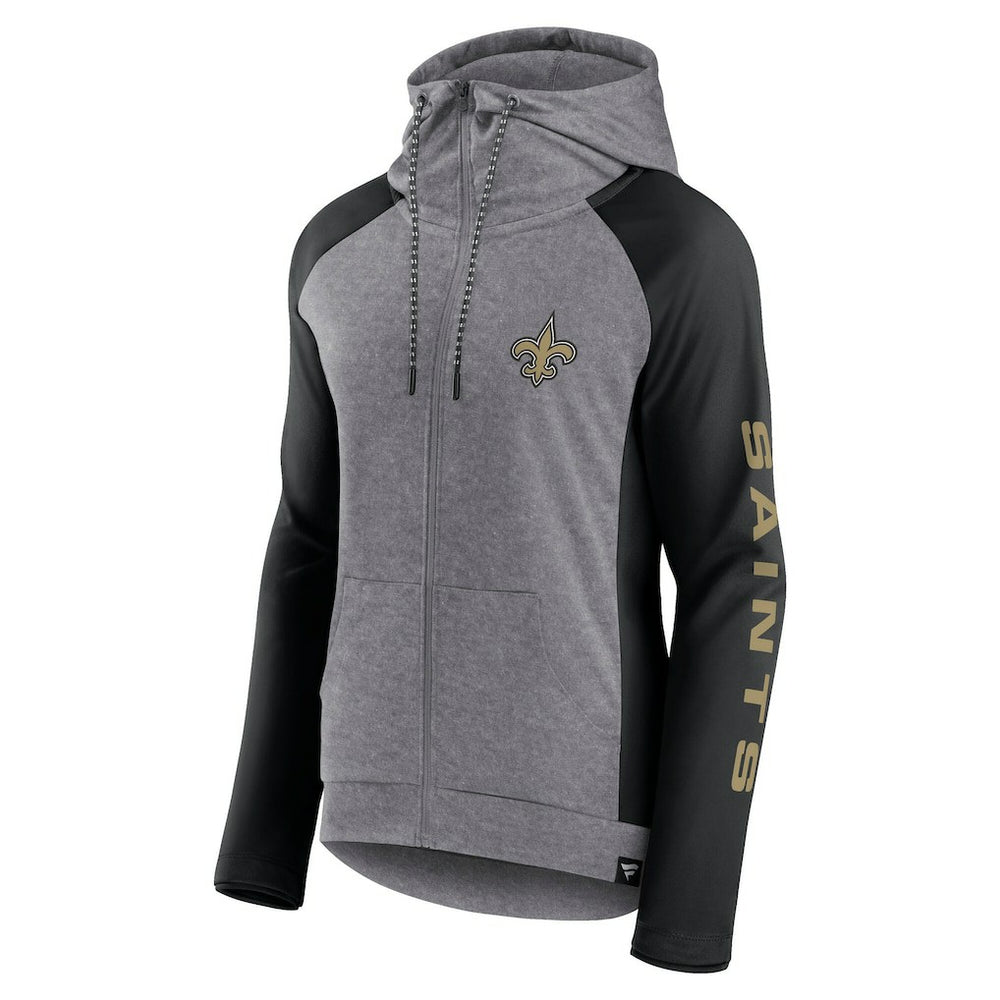 New Orleans Saints Women's Blind Side Lightweight Full-Zip Hoodie - Heather Gray/College Black - Fanatics