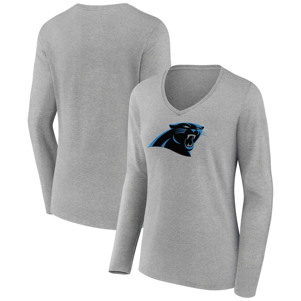 Carolina Panthers Women's Primary Team Logo Long Sleeve V-Neck T-Shirt - Heather Gray - NFL