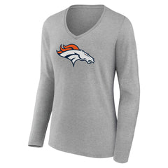 Denver Broncos Women's Primary Team Logo Long Sleeve V-Neck T-Shirt - Heather Gray - NFL