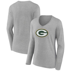 Green Bay Packers Women's Primary Team Logo Long Sleeve V-Neck T-Shirt - Heather Gray - NFL