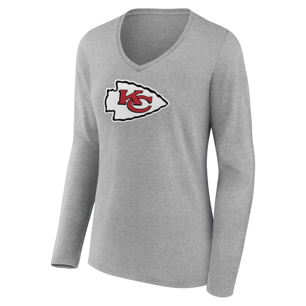 Kansas City Chiefs Women's Primary Team Logo Long Sleeve V-Neck T-Shirt - Heather Gray - NFL