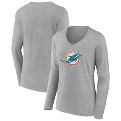 Miami Dolphins Women's Primary Team Logo Long Sleeve V-Neck T-Shirt - Heather Gray - NFL
