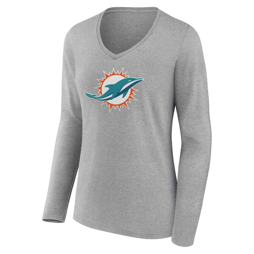 Miami Dolphins Women's Primary Team Logo Long Sleeve V-Neck T-Shirt - Heather Gray - NFL