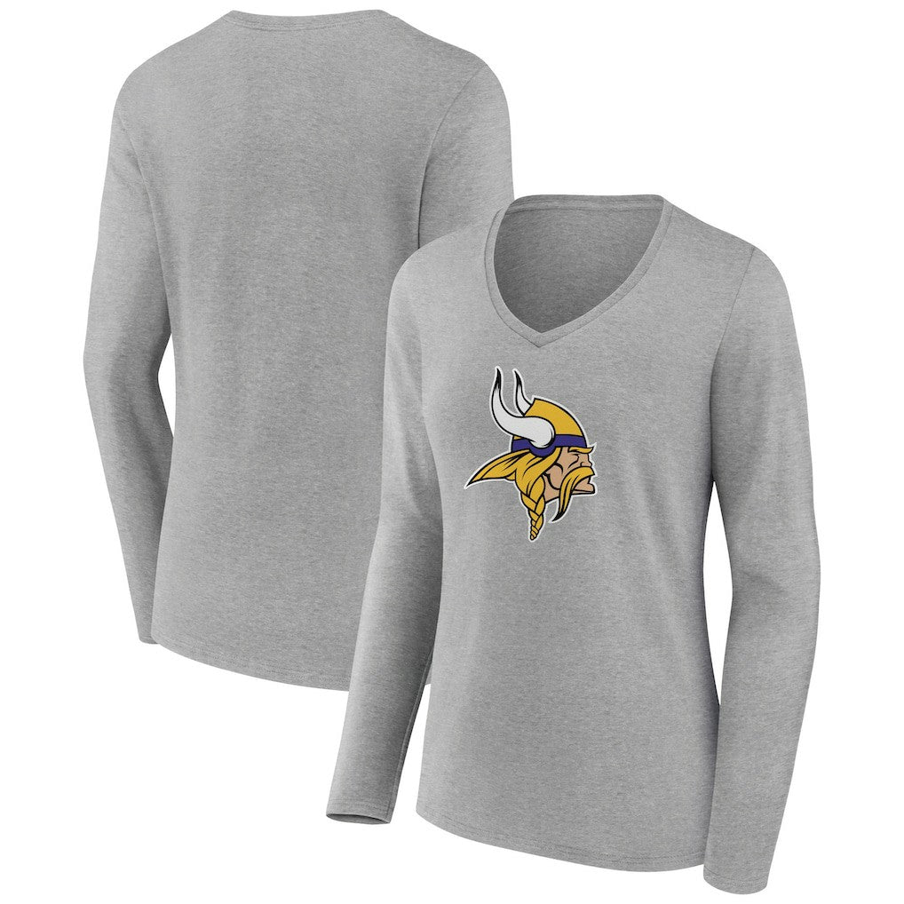 Minnesota Vikings Women's Primary Team Logo Long Sleeve V-Neck T-Shirt - Heather Gray - NFL