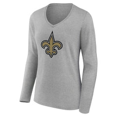 New Orleans Saints Women's Primary Team Logo Long Sleeve V-Neck T-Shirt - Heather Gray - NFL